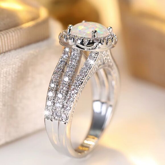 NEW 14k White Gold Opal Ring Band Round Cut - Picture 2 of 2